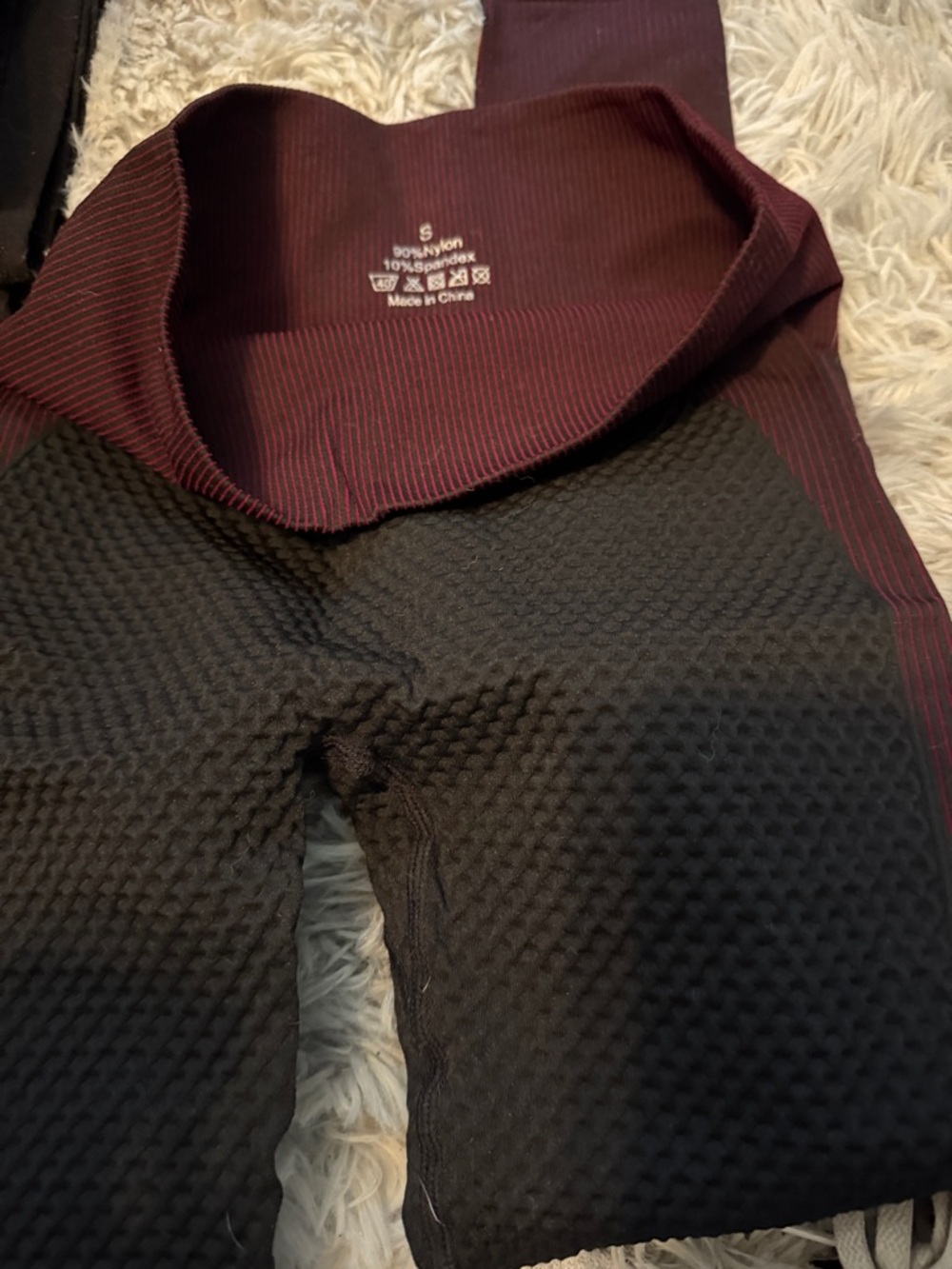 High-Waisted Textured Workout Leggings in Black and Burgundy